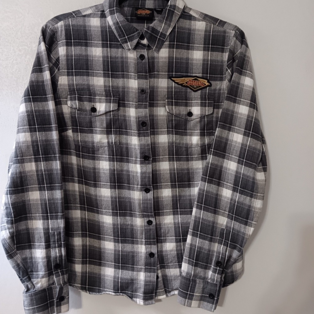 Harley Davidson 120th Anniversary Edition Gray Plaid Flannel Shirt Women's